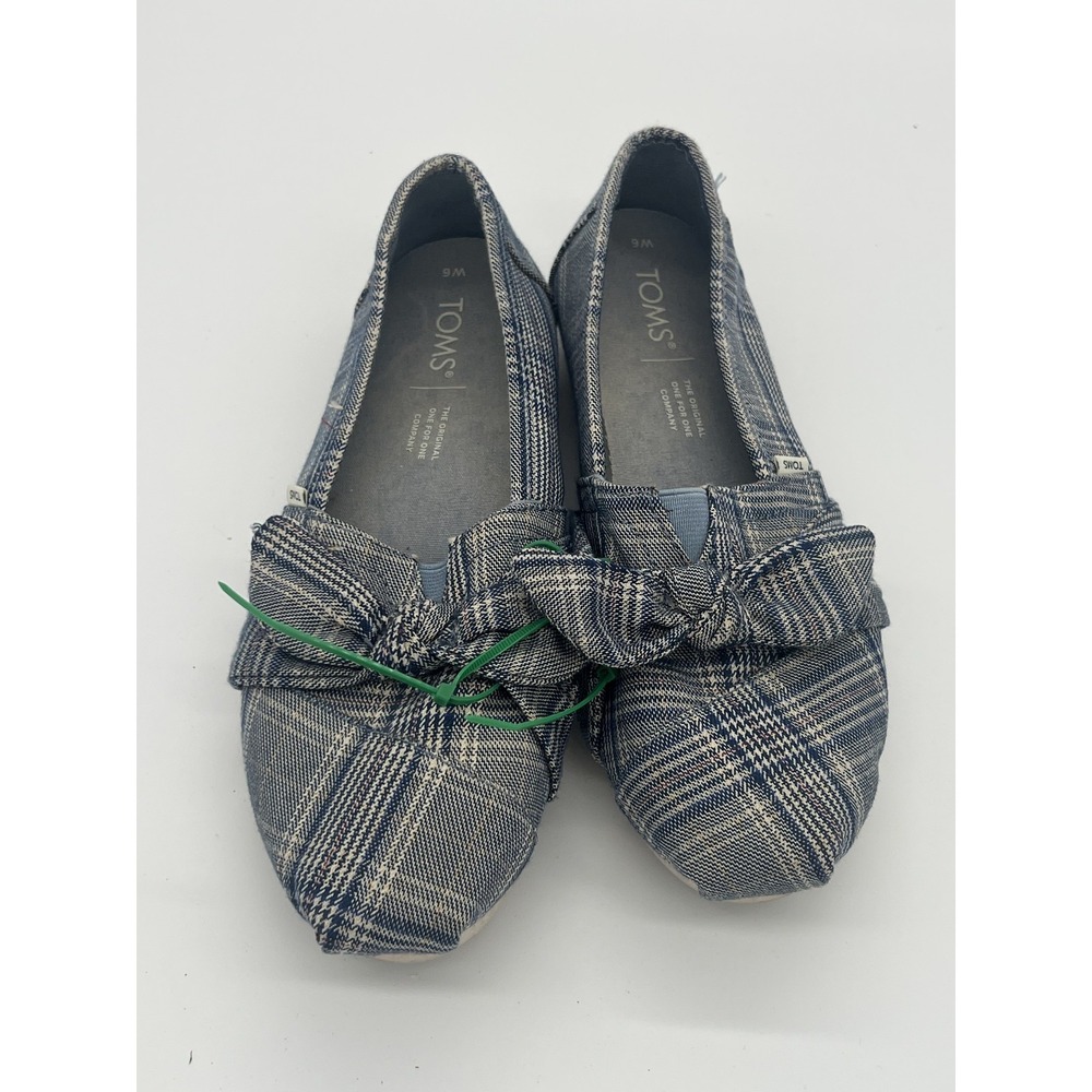 TOMS Women's W6 Blue Plaid Bow Alpargataโ Slip-On Flats Casual Shoes